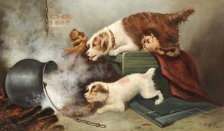 Four Terriers in an Interior, a pot of hot water falling from a fire