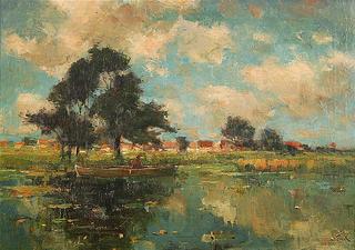 River view with fisherman in a boat