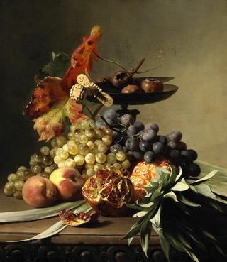 A still life with grapes, peaches, a pineapple and a pomegranate on a table