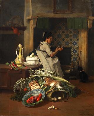 Kitchen maid with game and vegetables
