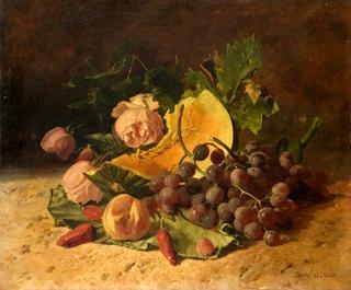 Composition with grapes, melon and roses