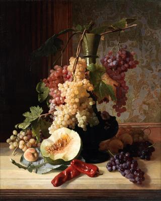 Still life of fruits and a vase on a ledge