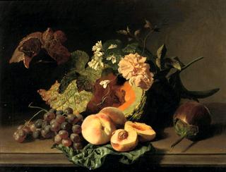 Roses, peaches, grapes and other fruits and flowers on a ledge