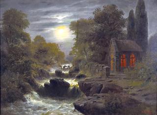 Full Moon Night over Wild Brook and Illuminated Chapel