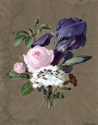 Still life of Pink Roses, Irises and White Carnations