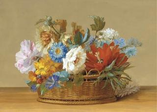 Hydrangeas, Blue Bindweeds and Roses in a Basket on a Ledge