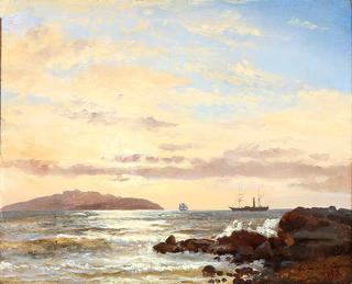 Seascape with sailing ships off the coast in the Evening Light