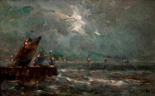 Marine with Yachts by the Palisade in Moonlight