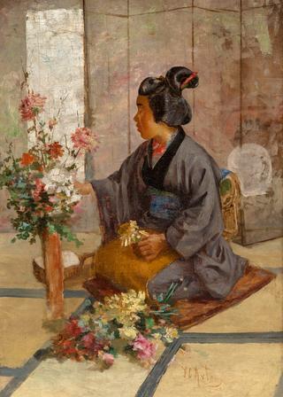 A Japanese Woman Arranging Flowers