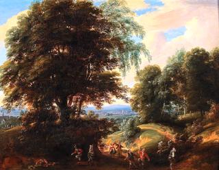 A Wooded Landscape with Villagers Celebrating