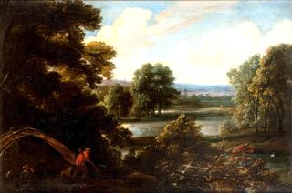 A Sportsman with His Hound in a River Landscape