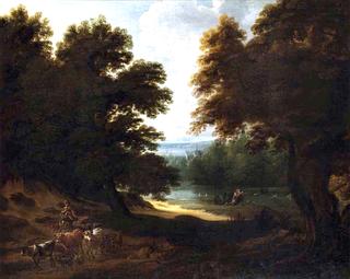A Wooded River Landscape with a Drover and His Herd on a Track, and a Huntsman Shooting Ducks
