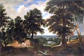 An Extensive Wooded Landscape, with the Conversion of Saint Hubert in the Foreground