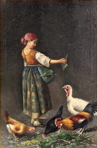 Young Girl Feeding Chickens and a Turkey