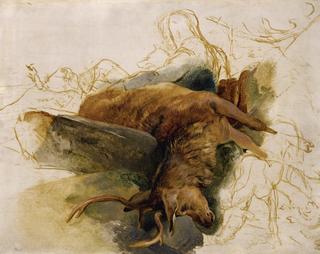 A Dead Stag, with Sketched Figures of a Ghillie and Hounds