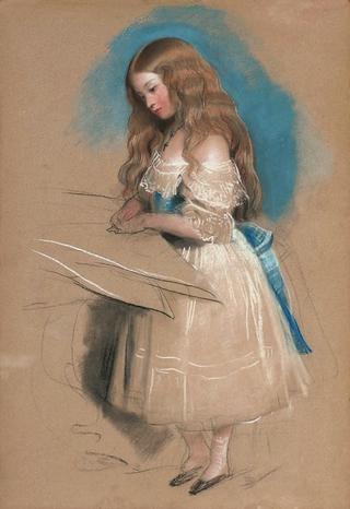 Study of The Lady Evelyn Stanhope, full-length, in a white dress with a blue sash