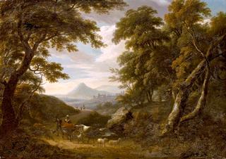 A Wooded Landscape with a Herder and His Flock on a Path, Ruins beyond