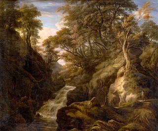 A Wooded Landscape with a Waterfall and a Fisherman Walking along a Path