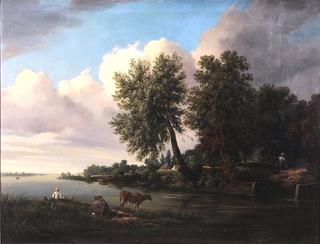 River Landscape with Boy Fishing Off a Bank