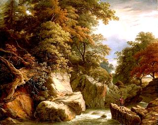 A wooded River landscape with a fisherman on a rock casting his line