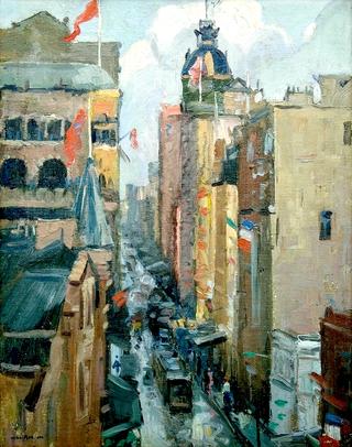 Looking up Castlereagh St Sydney, from a Window in Strathkyle, Peace Day, World War I