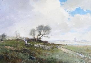 Shepherdess with her flock before a river