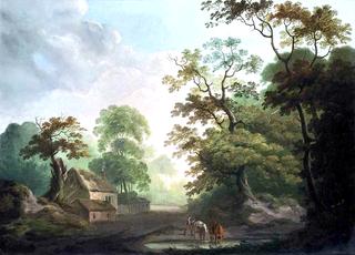 A Cottage in a Wooded Landscape with a Drover, His Cattle Watering in the Foreground