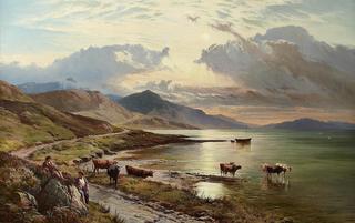 Highland Cattle Watering in a Mountain Loch