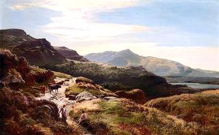 Figures and cattle on a country path, a mountainous landscape beyond