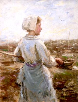 Fisher Girl Standing before a Coastline