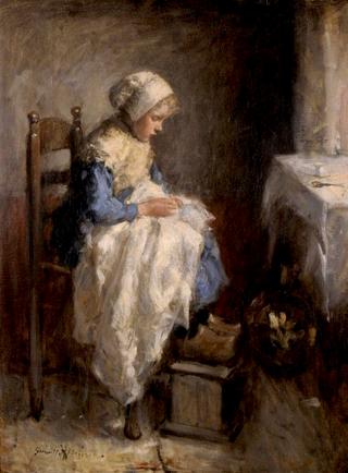 A Young Girl Seated Beside a Window Sewing