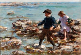 A Girl and Boy Gathering Shellfish on a Rocky Shore