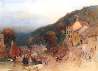 Lynmouth, Devon with Boats and Figures by Cottages