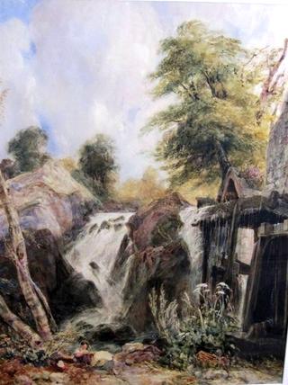 A Child on a River Bank by a Mill, a Waterfall beyond