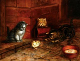 Just in Time For Dinner-Three Cats and a Chick