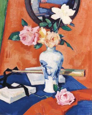 Roses in a Vase against an Orange Background