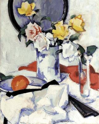 Roses in a Blue and White Vase