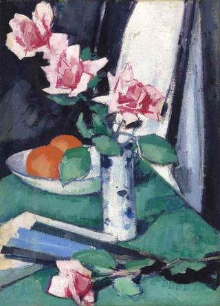 Still life with Pink Roses and Oranges in a Blue and White Vase