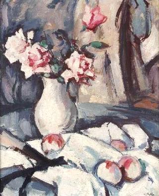 A Still Life of Apples and Pink Roses
