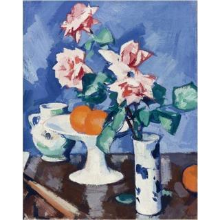 Still Life With Pink Roses in a Blue and White Vase with Oranges and Jug
