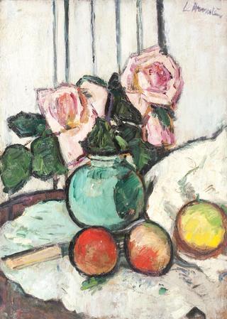 Still Life, Pink Roses and Fruit