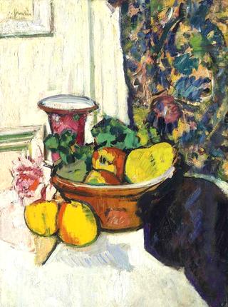 Still Life with Fruit, a Rose and a Pink Vase