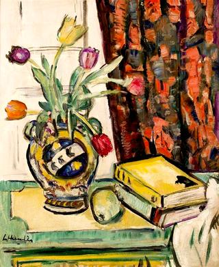 Still Life Books and a Pear and Tulips in a Vase