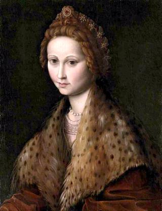 Portrait of a lady, half-length, in a red coat with a leopard-fur mantle, pearls and jewels in her hair
