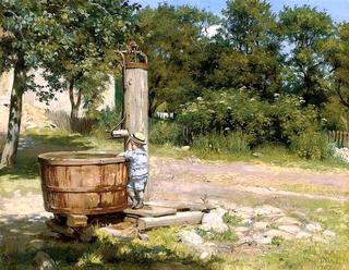 A Child Playing at a Water Pump