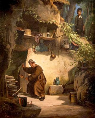 Surprising Visit to the Young Hermit (in the style of Carl Spitzweg)