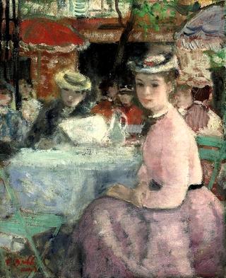 Eugénie au chapeau, assise au café