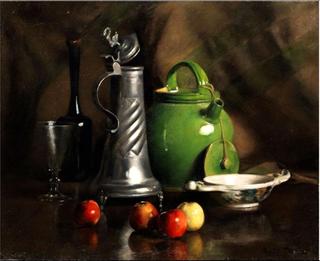 Still Life with Jugs and Fruit, Pewter and Wine Bottle