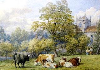 Cattle and Figures in a Meadow by a Country Church