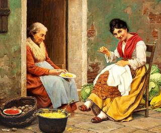 Two Italian women sitting in front of an old house